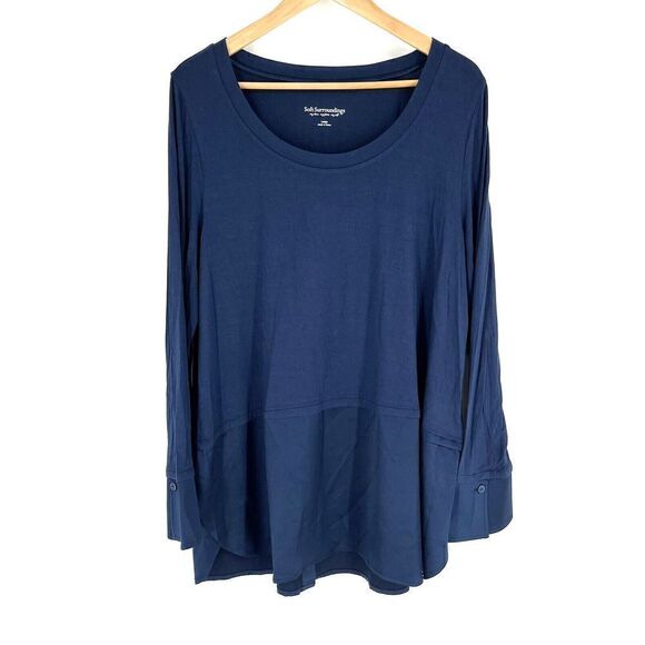 Soft Surroundings Shirt Size Large Navy Tita Tunic Top Satin Trim Long Sleeve - Picture 1 of 6